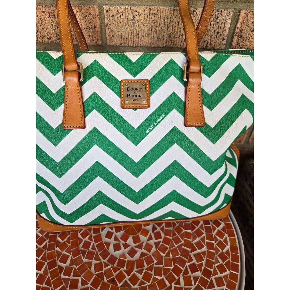 Dooney & Bourke Kelly Green Chevron Coated Cotton Large Shopper Tote Bag